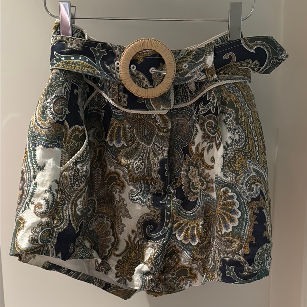 Veronica Beard Navy, Olive & Cream Paisley High-Waist Shorts with Woven Belt